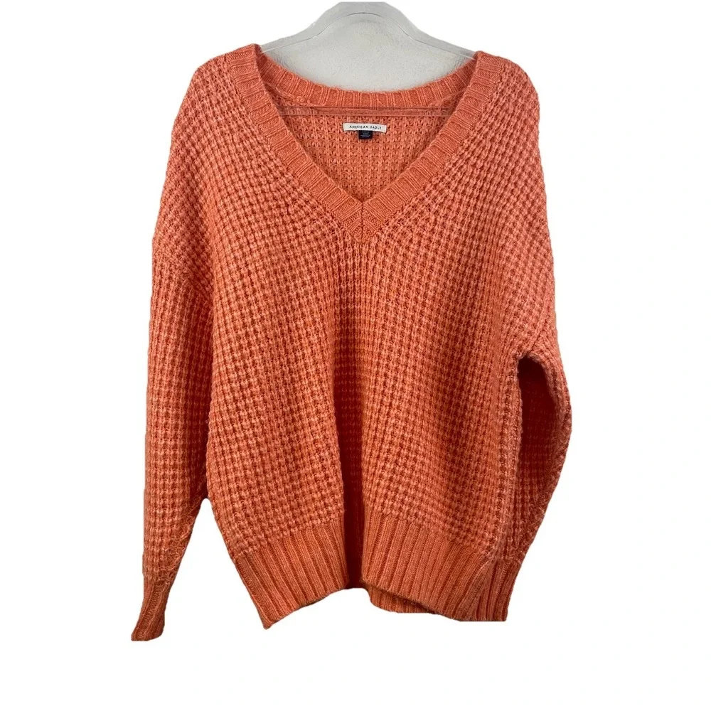 American Eagle Sweater‎ Small Waffle Knit Orange V-neck Oversized Cozy Preppy S